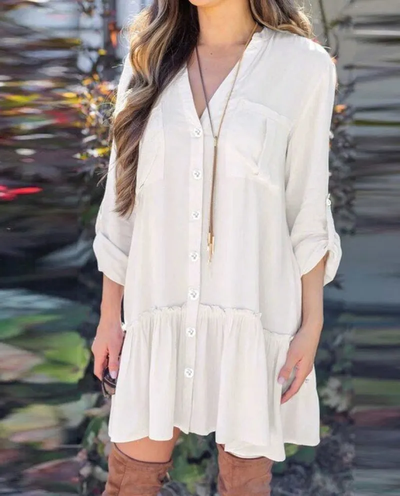 Abito a maniche lunghe da donna Autunno Abito a camicia solido con bottoni scollo a V con volant Mini abito da donna Abiti casua