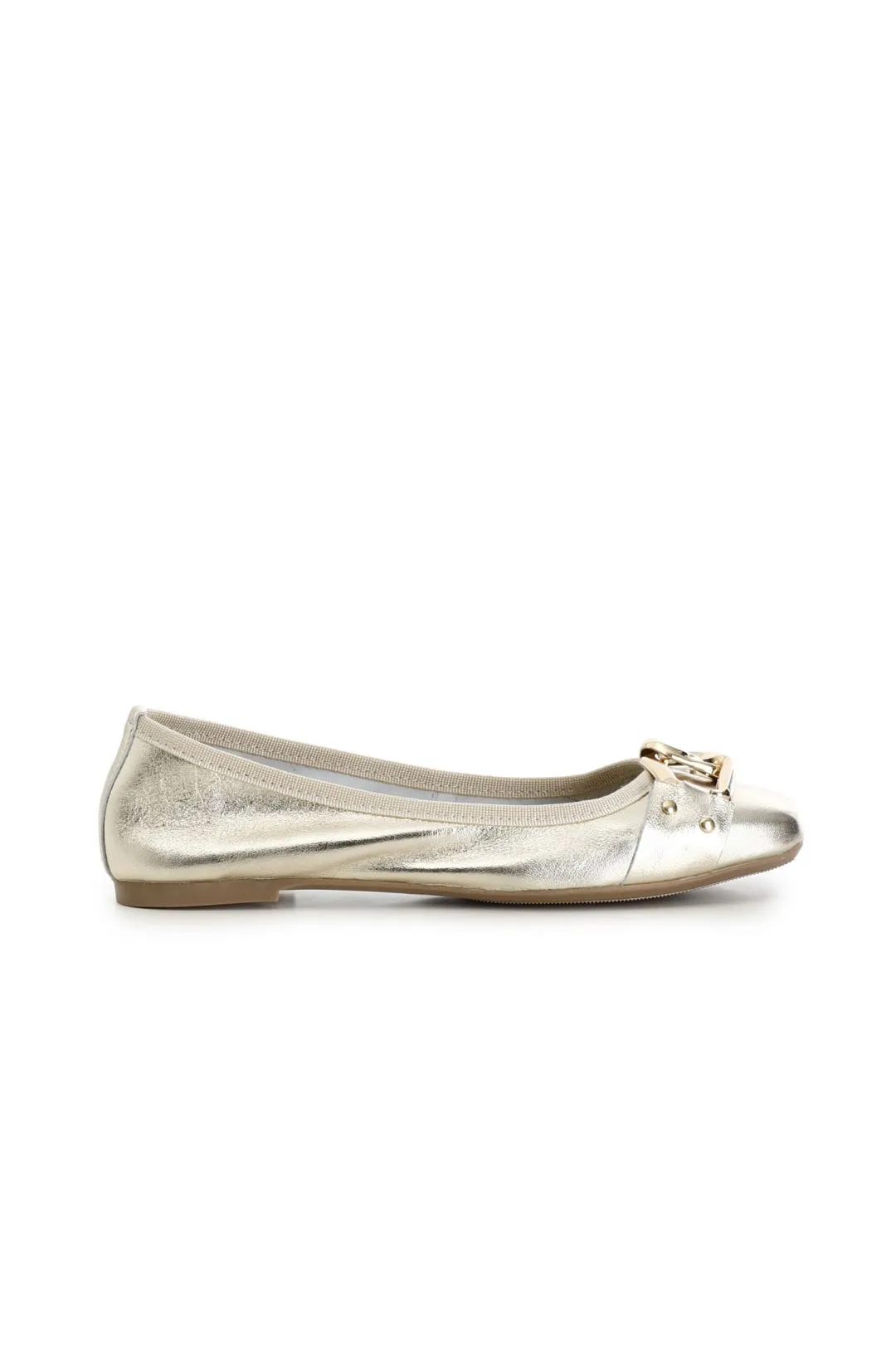 ballerina in pelle laminata con catena decorativa platino