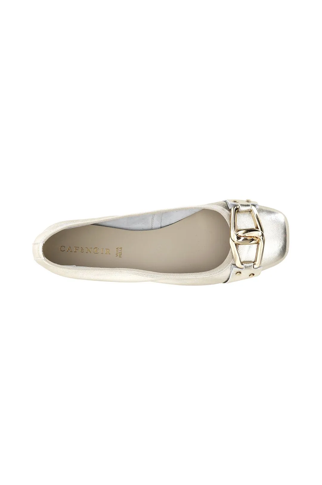 ballerina in pelle laminata con catena decorativa platino