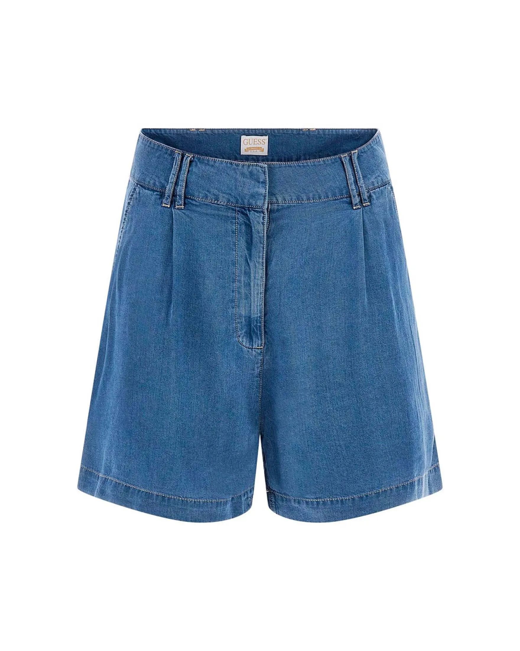 Bermuda blu in denim di tencel dalla linea svasata con pinces frontali e tasche alla francese