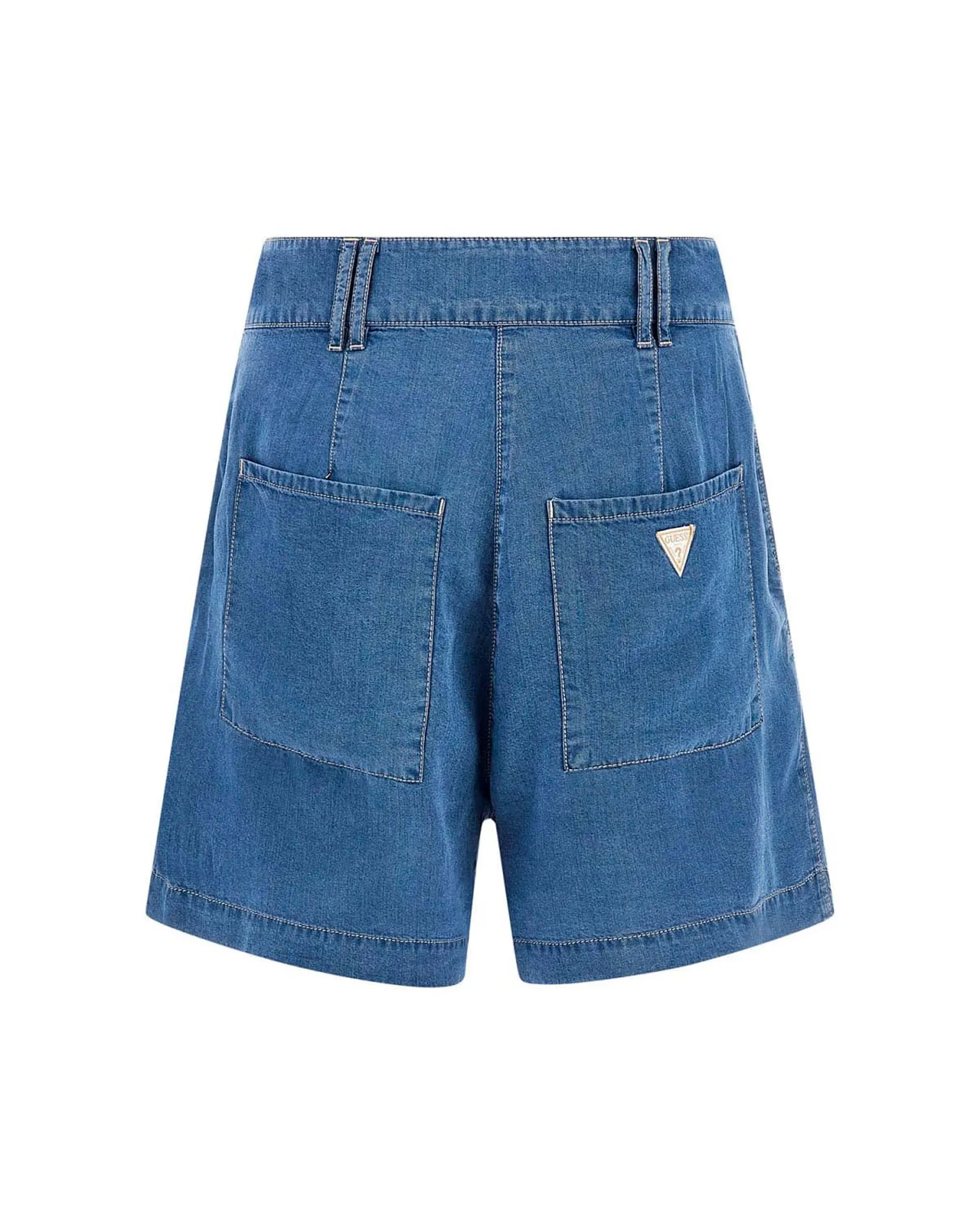 Bermuda blu in denim di tencel dalla linea svasata con pinces frontali e tasche alla francese