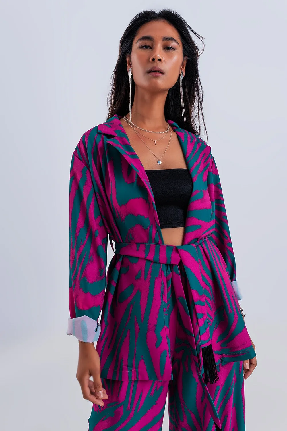 Blazer stampa animalier verde con cintura