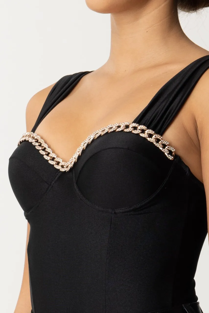 Body con catena in strass Nero