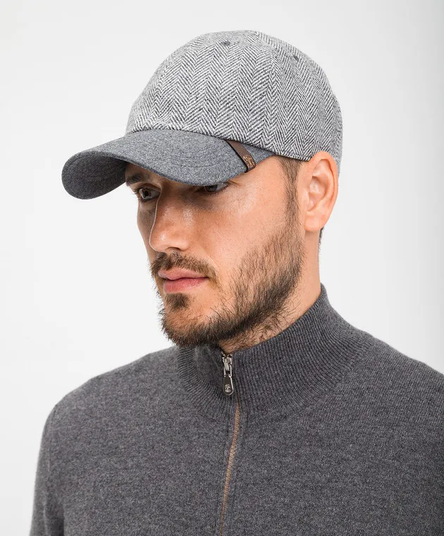 Brunello Cucinelli Berretto grigio in lana, seta e cashmere con motivo intrecciato MY4529939