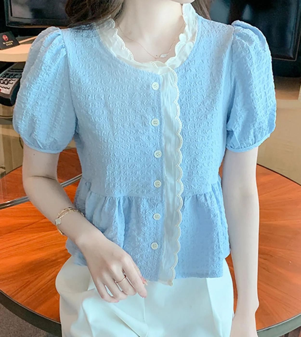 Camicetta estiva dolce casual da donna con camicia a maniche corte in pizzo Lady Elegante bottone con scollo a V Top blu Abbigli