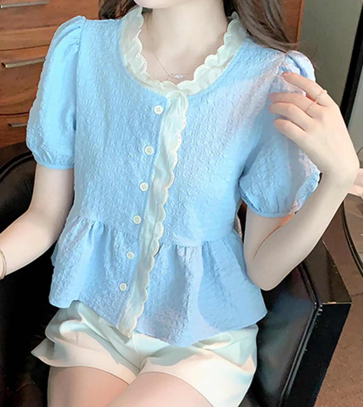 Camicetta estiva dolce casual da donna con camicia a maniche corte in pizzo Lady Elegante bottone con scollo a V Top blu Abbigli
