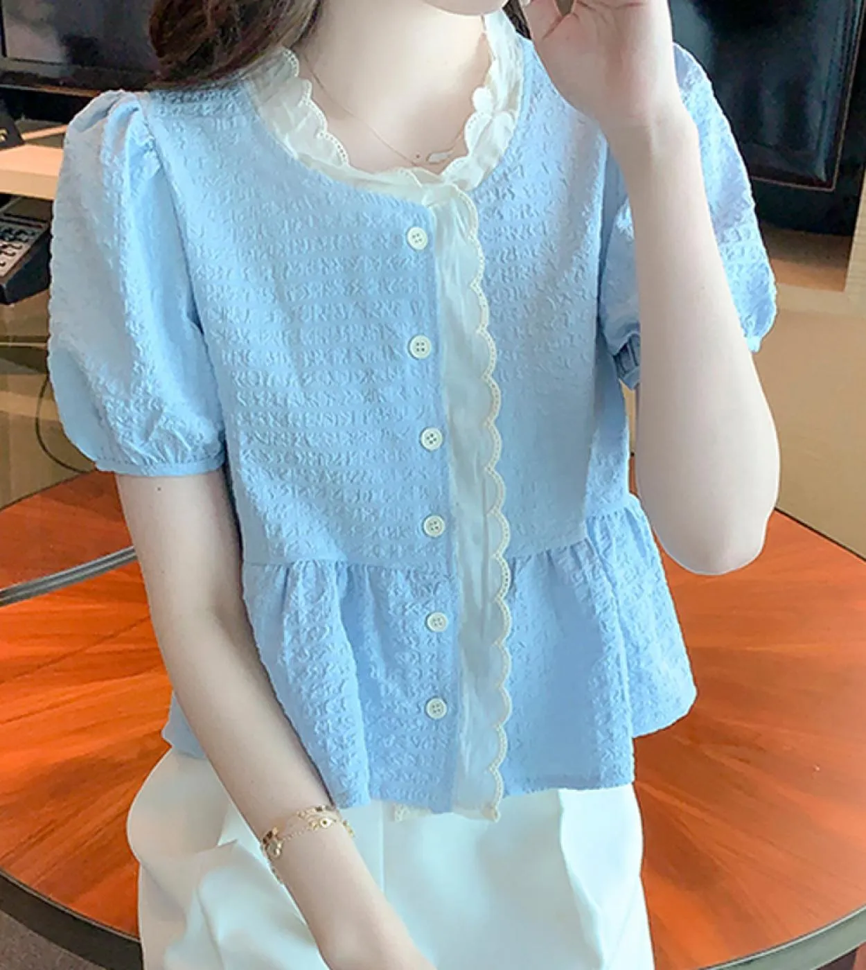Camicetta estiva dolce casual da donna con camicia a maniche corte in pizzo Lady Elegante bottone con scollo a V Top blu Abbigli