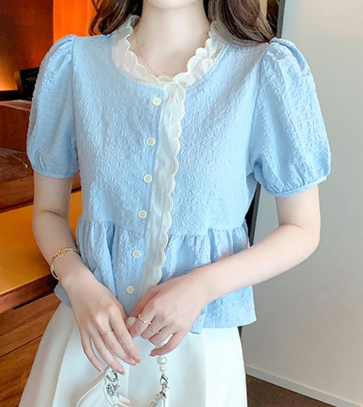 Camicetta estiva dolce casual da donna con camicia a maniche corte in pizzo Lady Elegante bottone con scollo a V Top blu Abbigli