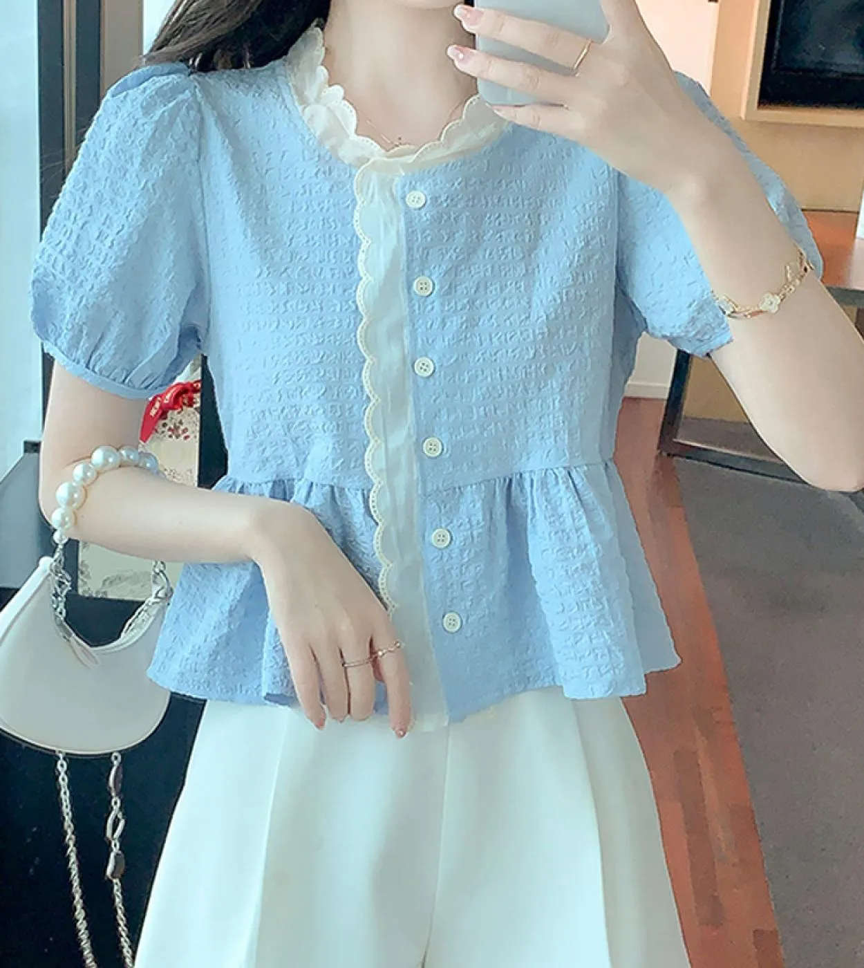 Camicetta estiva dolce casual da donna con camicia a maniche corte in pizzo Lady Elegante bottone con scollo a V Top blu Abbigli