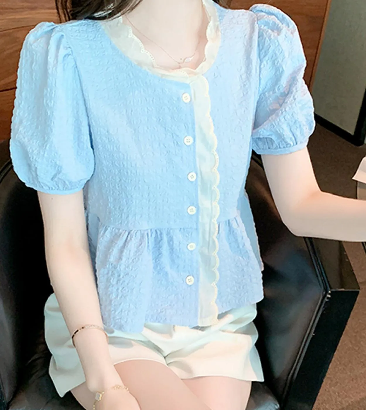Camicetta estiva dolce casual da donna con camicia a maniche corte in pizzo Lady Elegante bottone con scollo a V Top blu Abbigli