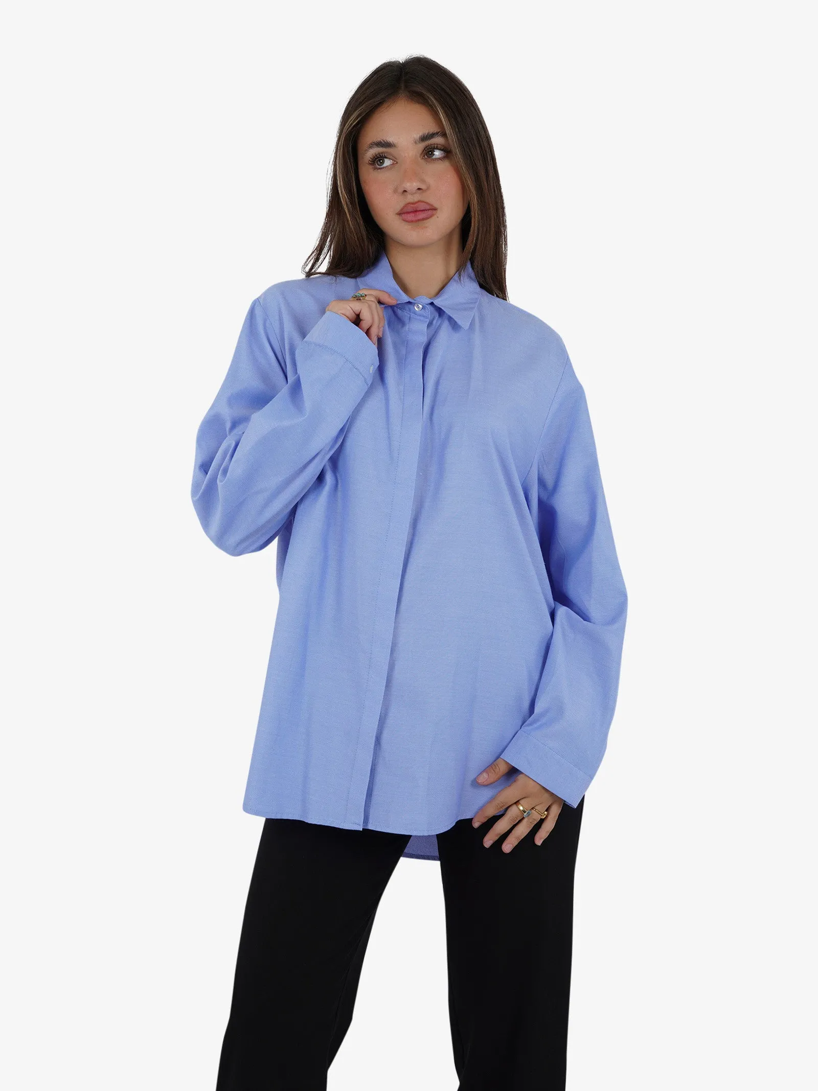 Camicia orlo asimmetrico donna cotone azzurro