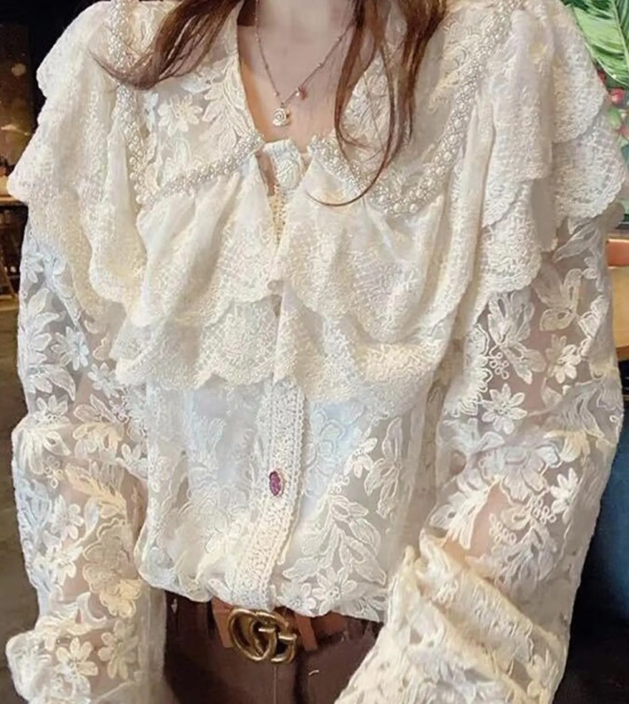 Camicie in pizzo con ricamo vintage Camicie eleganti da donna eleganti con perline autunnali Camicie bianche a maniche lunghe so