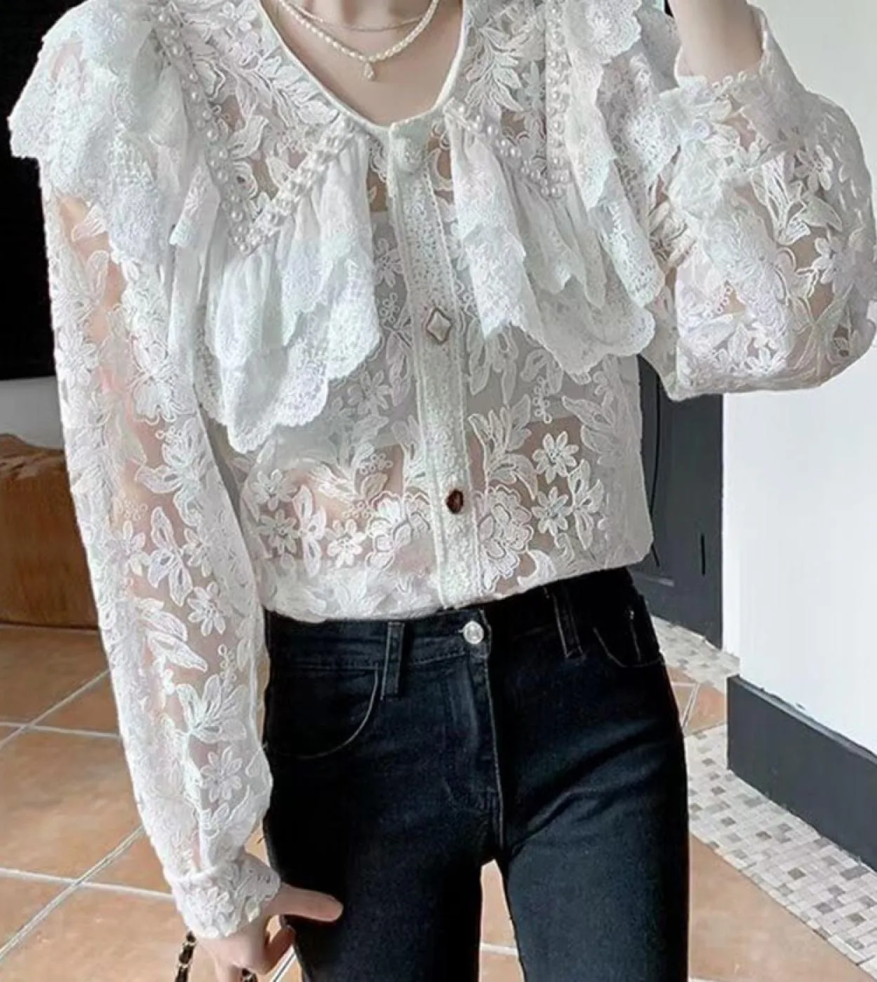 Camicie in pizzo con ricamo vintage Camicie eleganti da donna eleganti con perline autunnali Camicie bianche a maniche lunghe so