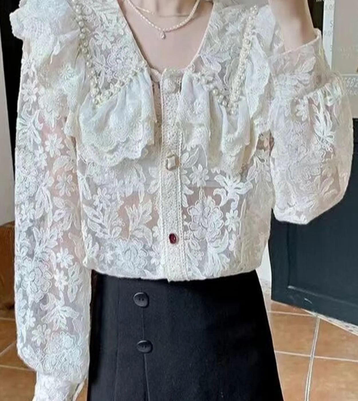 Camicie in pizzo con ricamo vintage Camicie eleganti da donna eleganti con perline autunnali Camicie bianche a maniche lunghe so