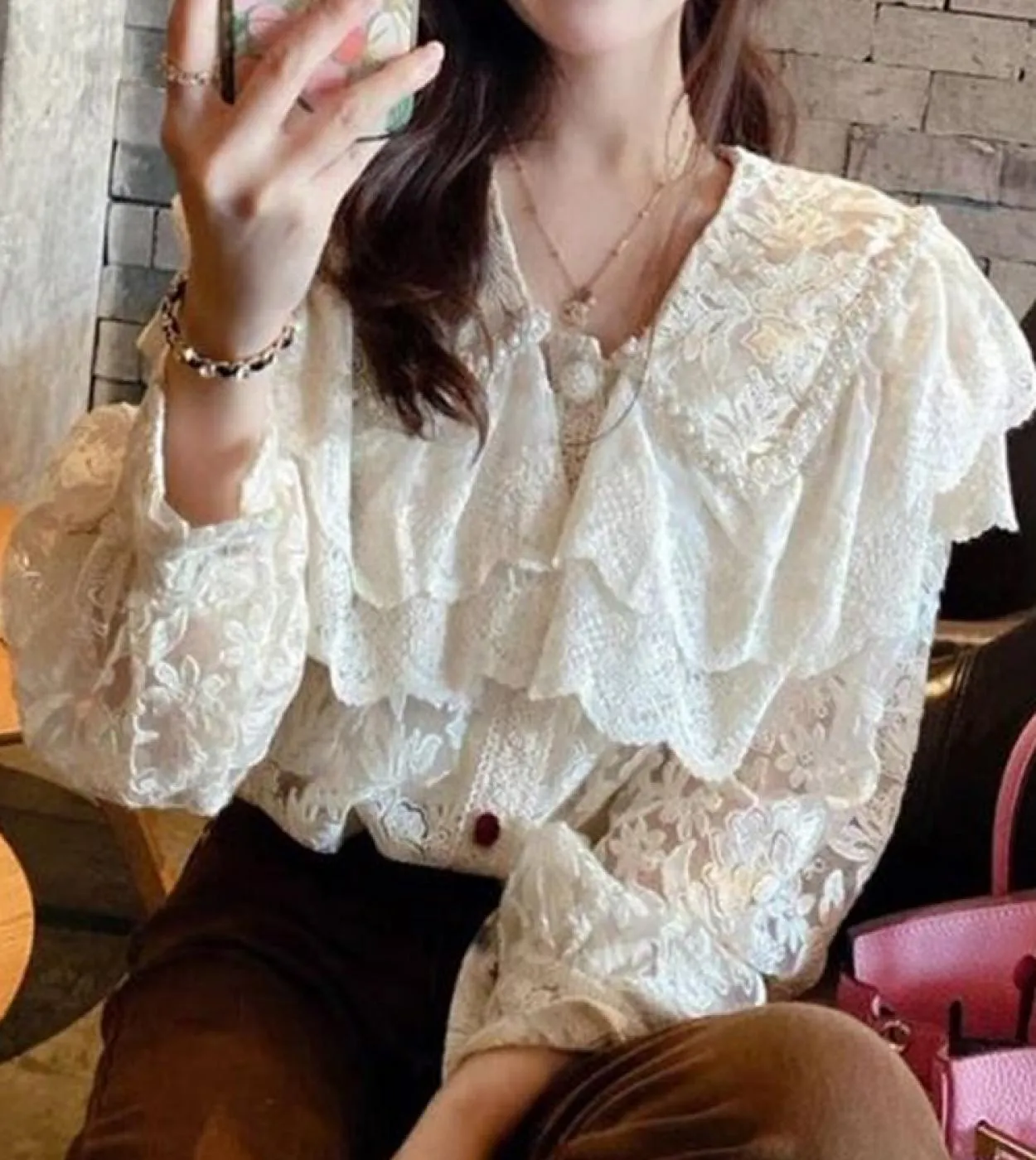 Camicie in pizzo con ricamo vintage Camicie eleganti da donna eleganti con perline autunnali Camicie bianche a maniche lunghe so