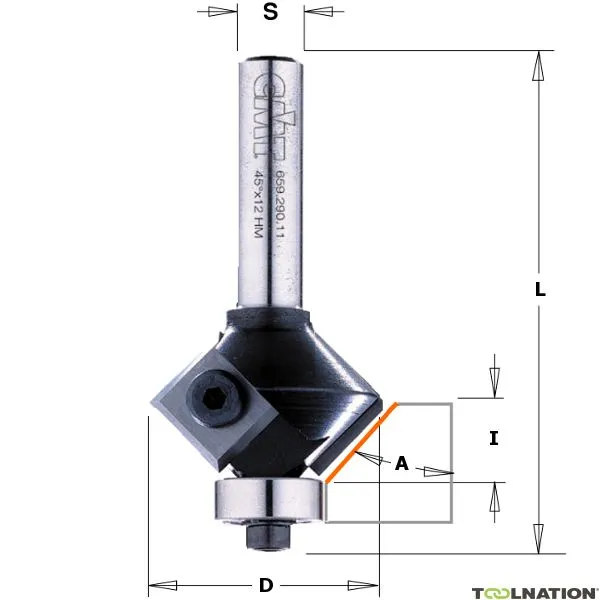 CMT 659.022.11 Fresatrice per bordi con lame intercambiabili + cuscinetto terminale 22° 25 x 65 mm gambo 8 mm