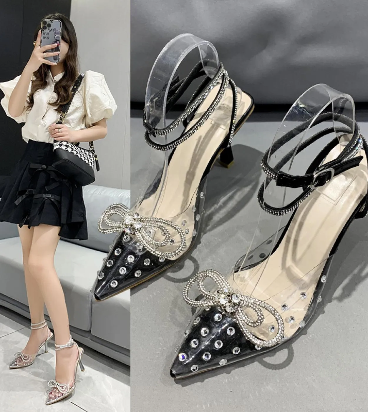 Eleganti scarpe da festa con tacco alto e punta a punta in pvc con strass decorazione con fibbia alla caviglia sandali bordati d