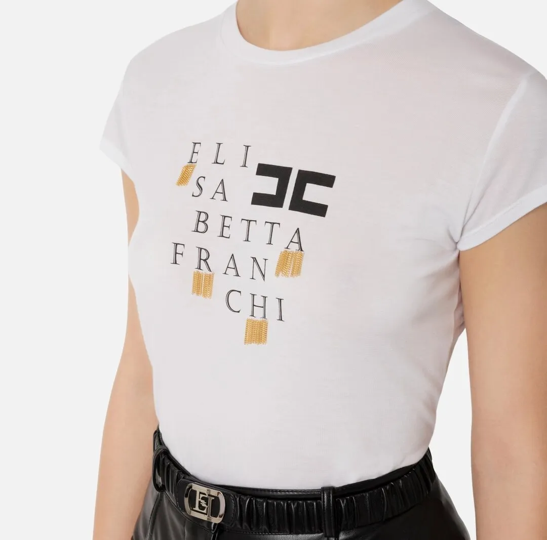 ELISABETTA FRANCHI T-shirt in jersey con logo e frange