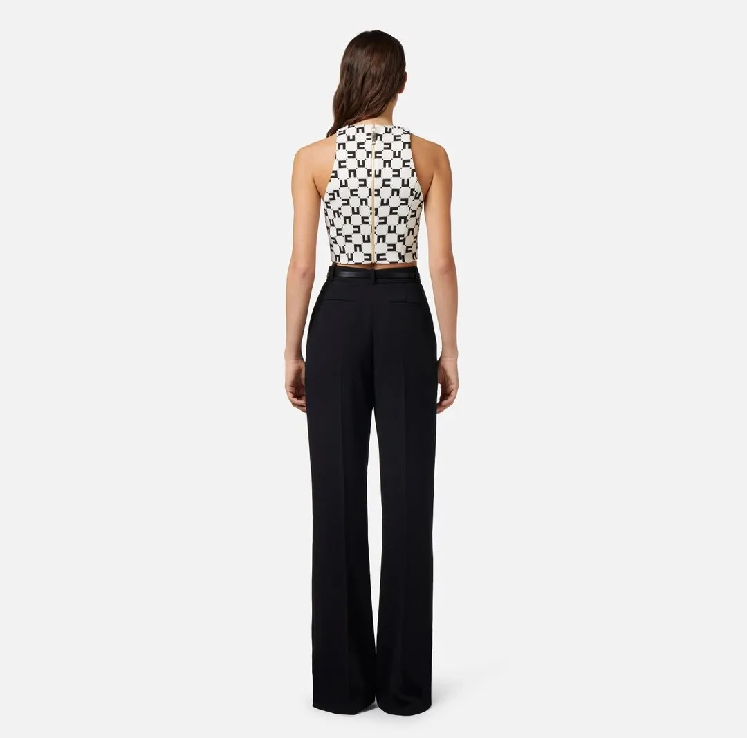 ELISABETTA FRANCHI Top in crêpe stretch stampa logo con catena foulard