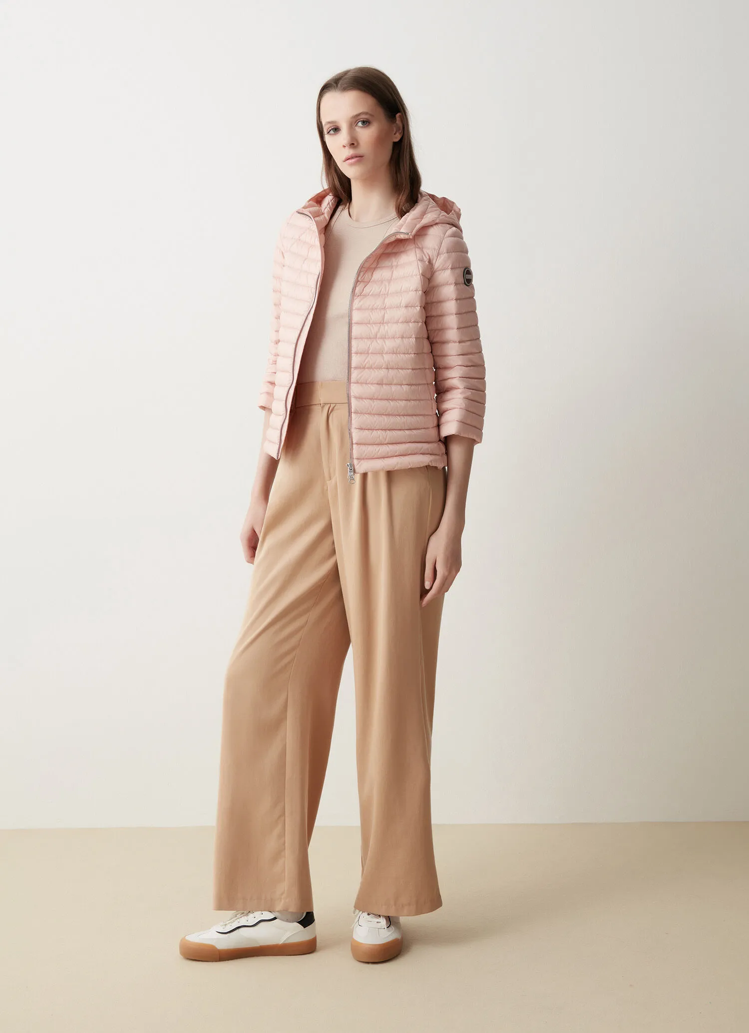 Hooded down cape