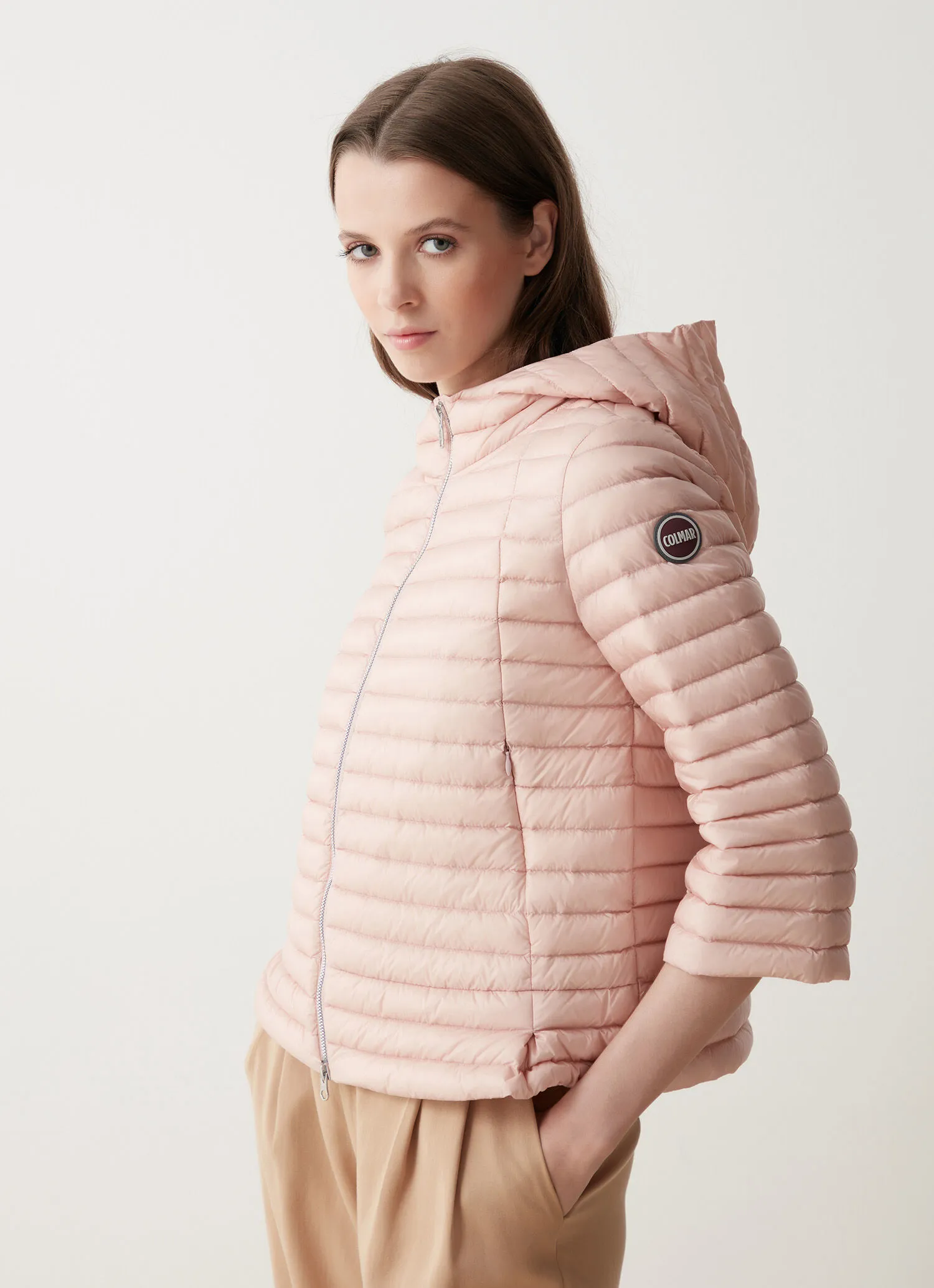 Hooded down cape