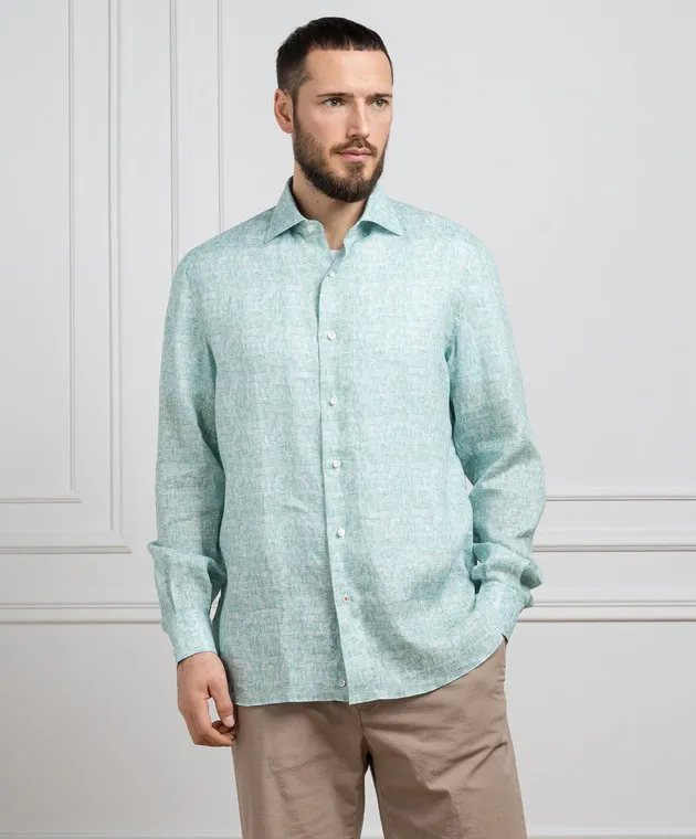 ISAIA Camicia verde in lino con stampa IM10TCC9358