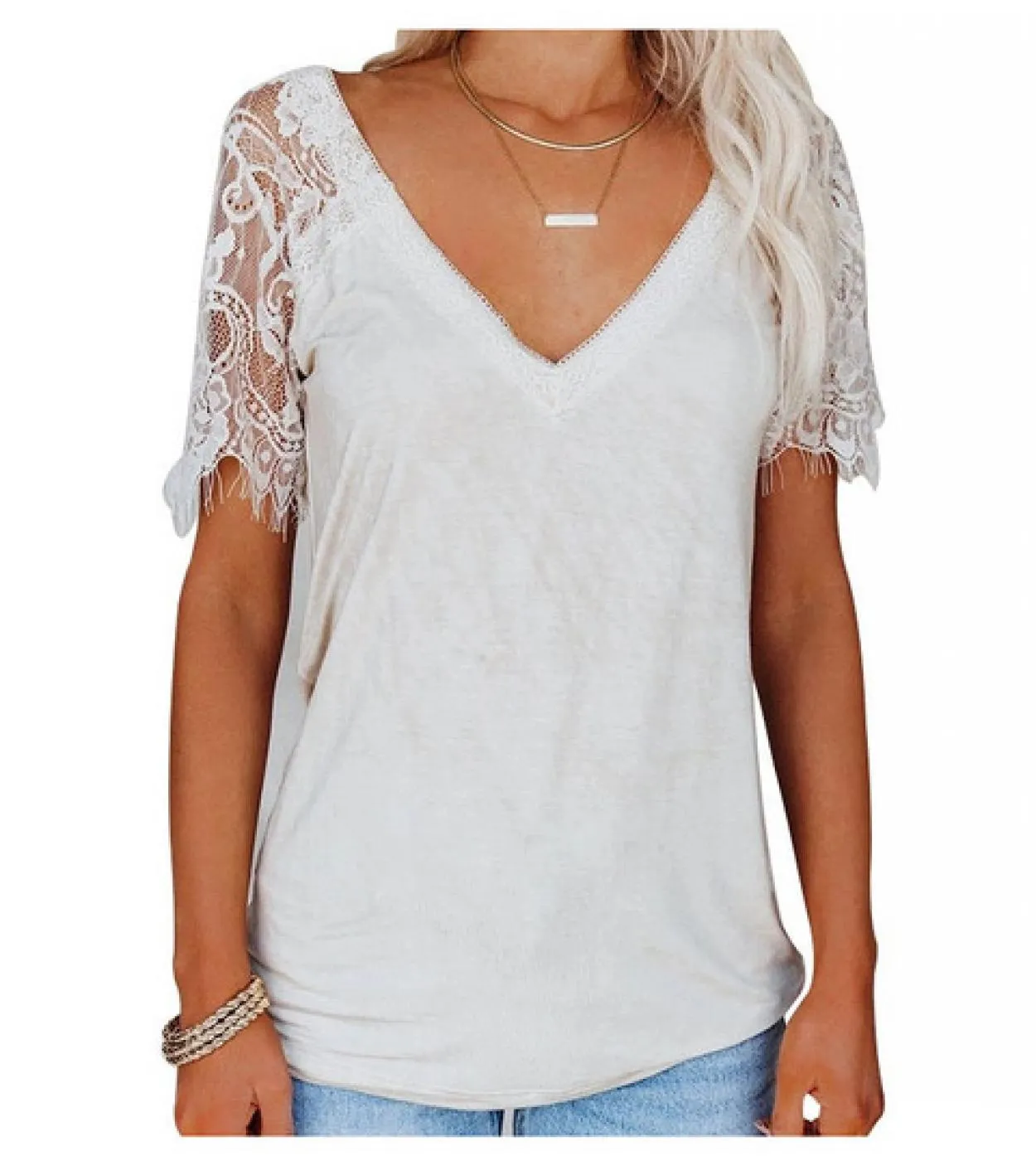 Maglietta a maniche corte in pizzo con scollo a V per abiti primaverili da donna T-shirt a tinta unita estiva Nuova camicia da d