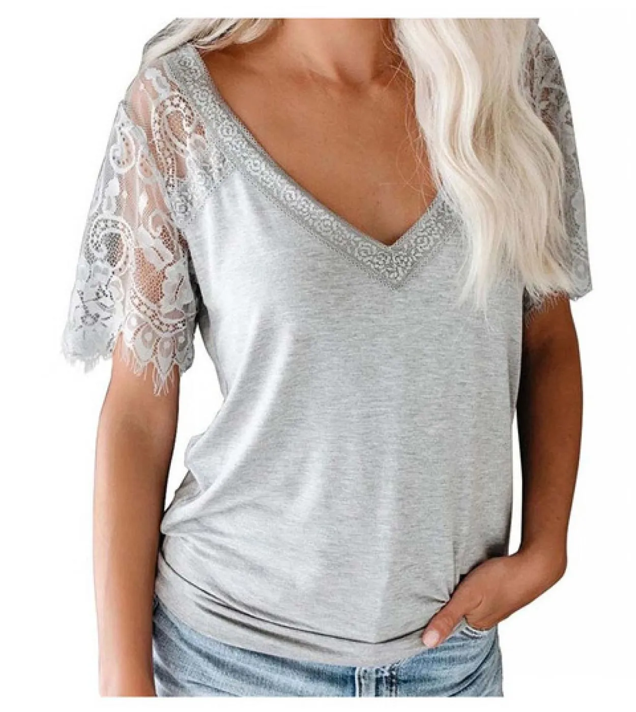 Maglietta a maniche corte in pizzo con scollo a V per abiti primaverili da donna T-shirt a tinta unita estiva Nuova camicia da d