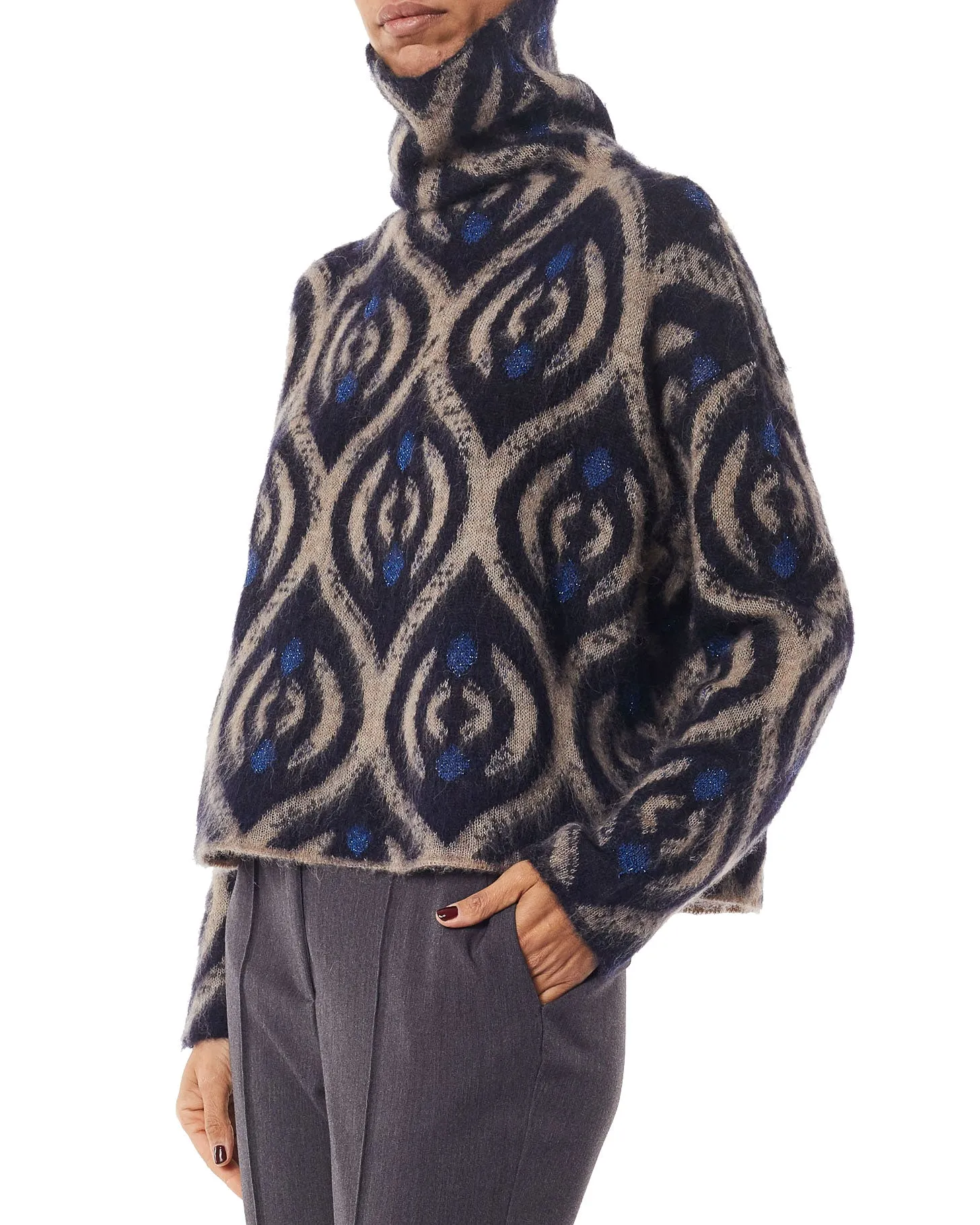 Maglione collo alto alpaca blu beige