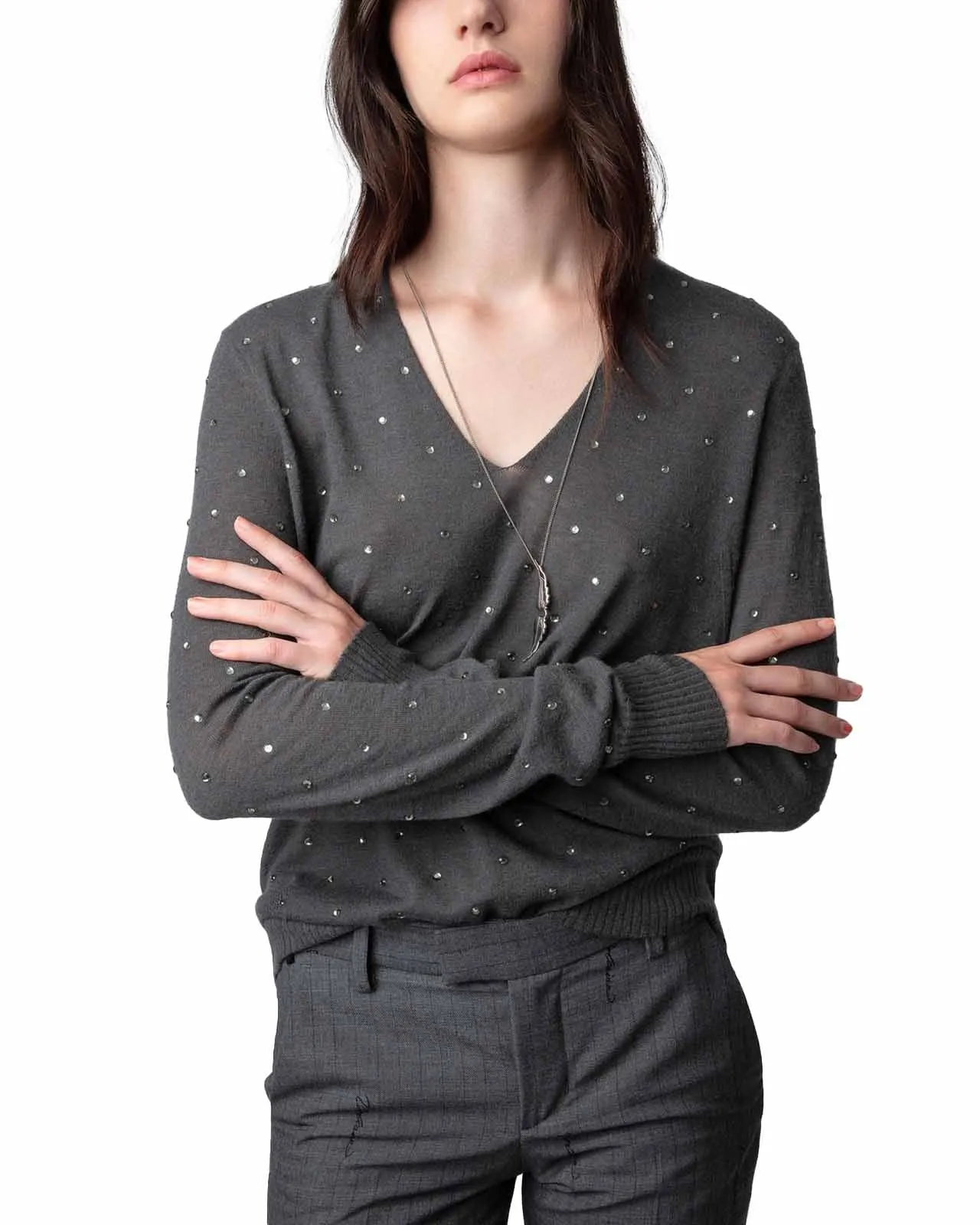 Maglione Elya CP Strass cashmere grigio