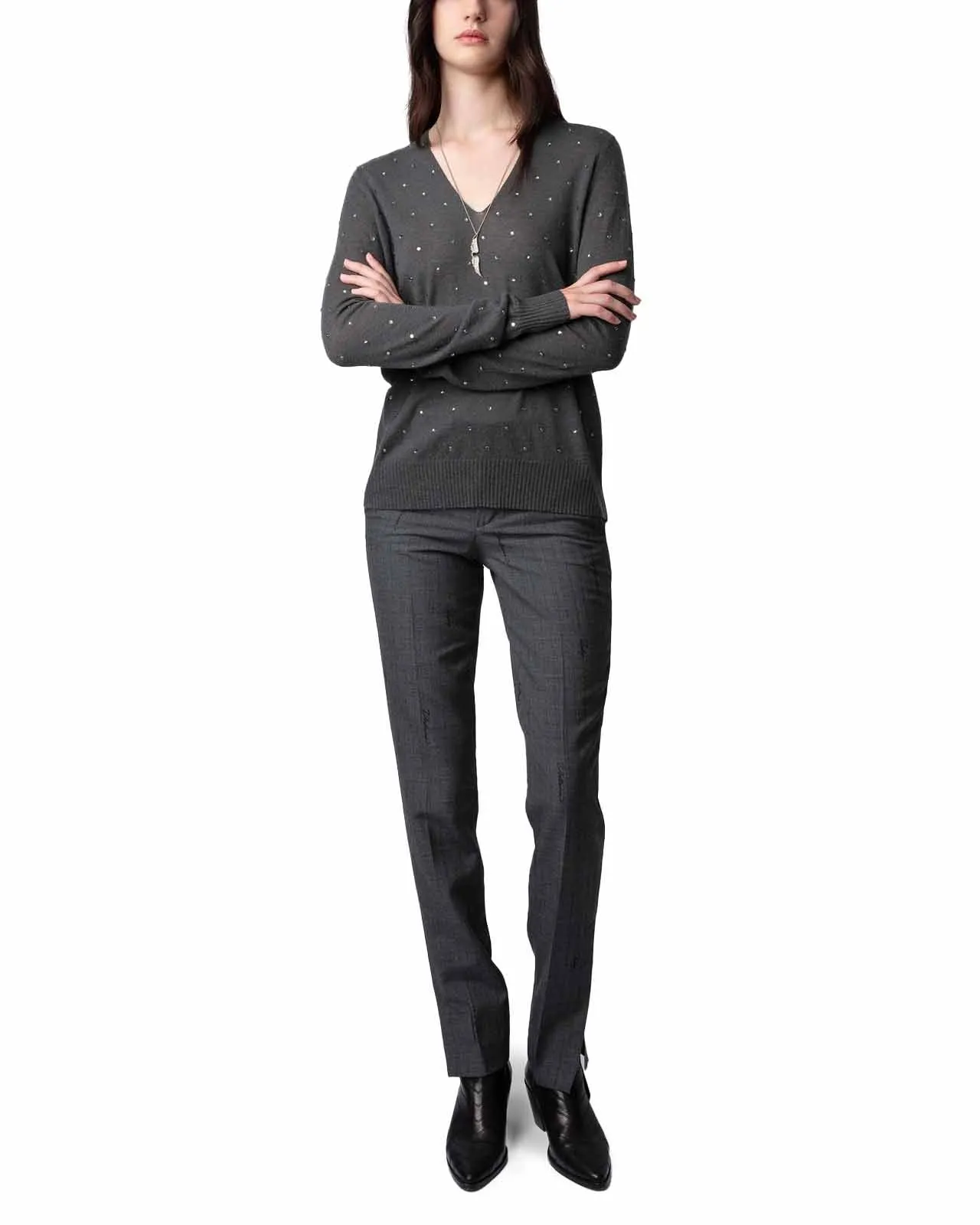 Maglione Elya CP Strass cashmere grigio