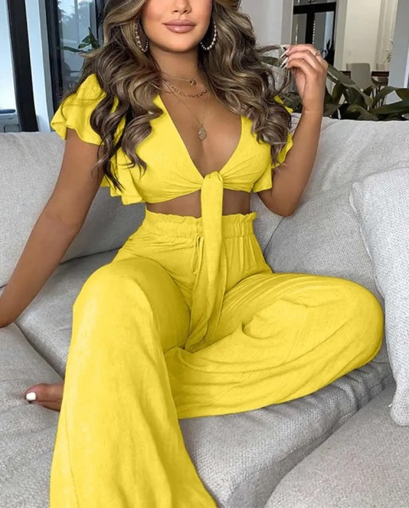 Moda donna Scollo a V Crop Top Pantaloni a vita alta Tute Tinta unita Increspature Bowknot Abiti a due pezzi Pantaloni larghi a