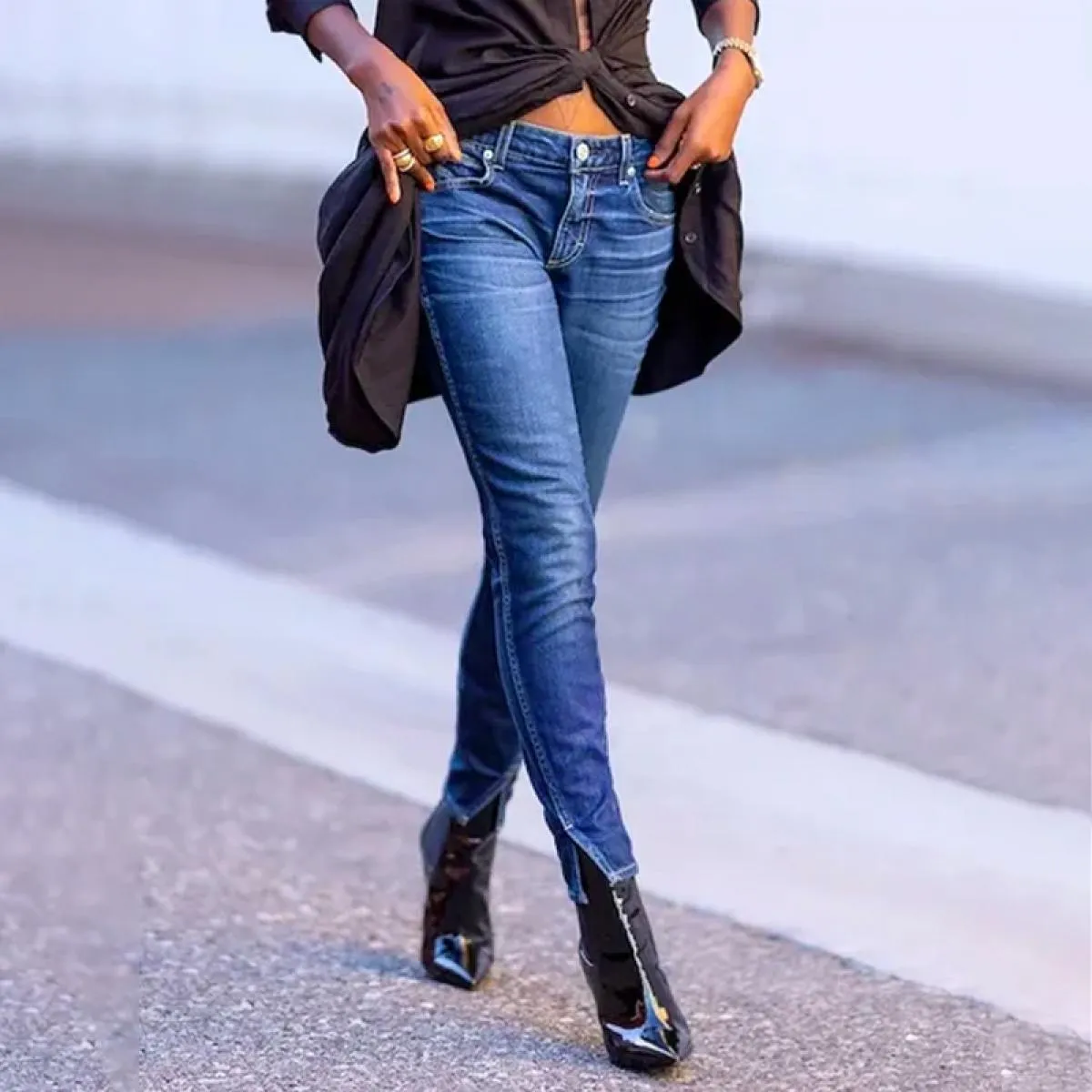 Pantaloni a gamba dritta da donna a vita alta 2023 nuovi pantaloni a gamba divisa laterale elasticizzata in denim retrò Jeans a