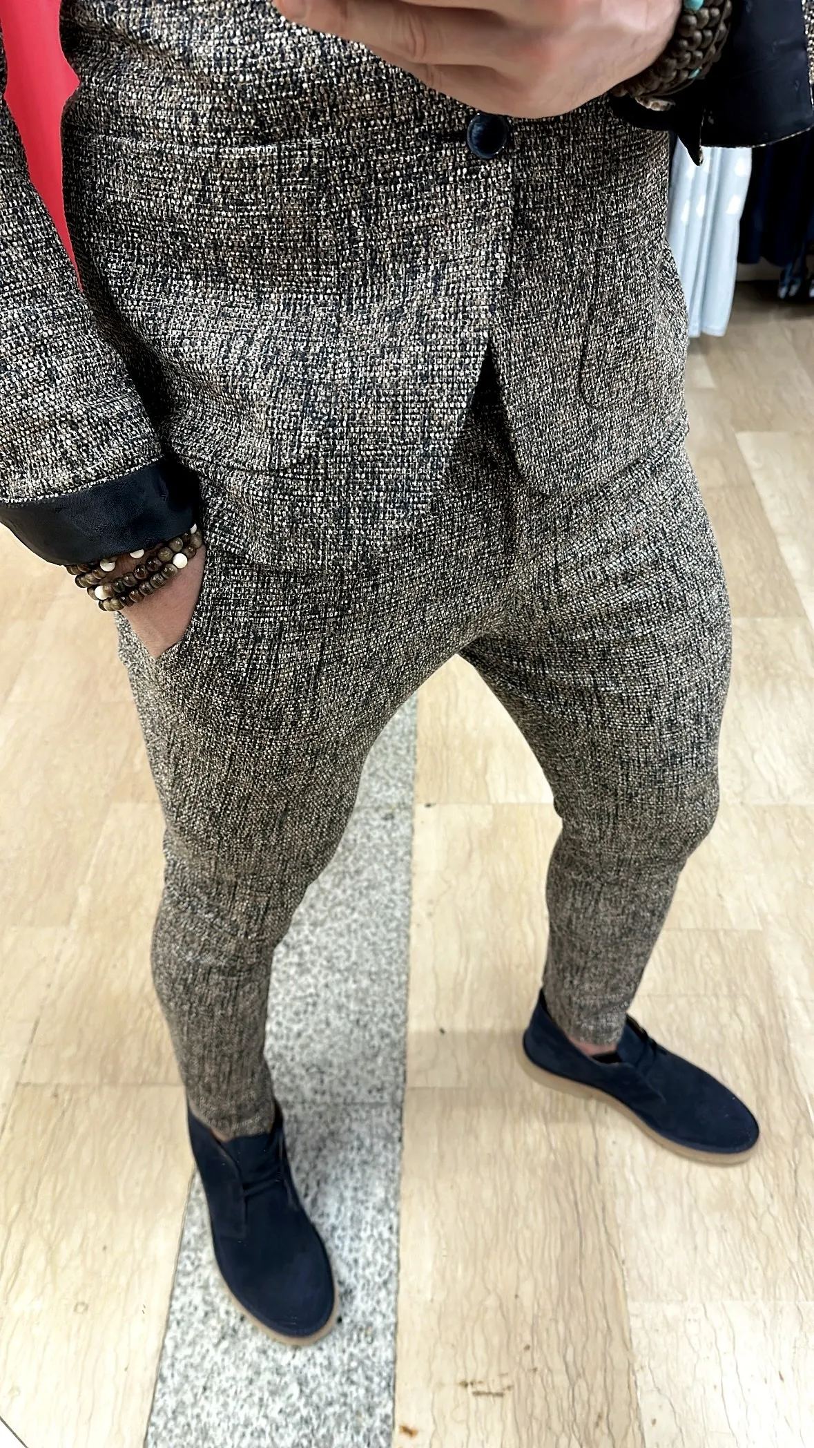 Pantaloni XAGON MAN Punto Milano con tasca alla francese Stretch in fantasia nei colori del Beige, Blu, Marrone e Bianco su fond