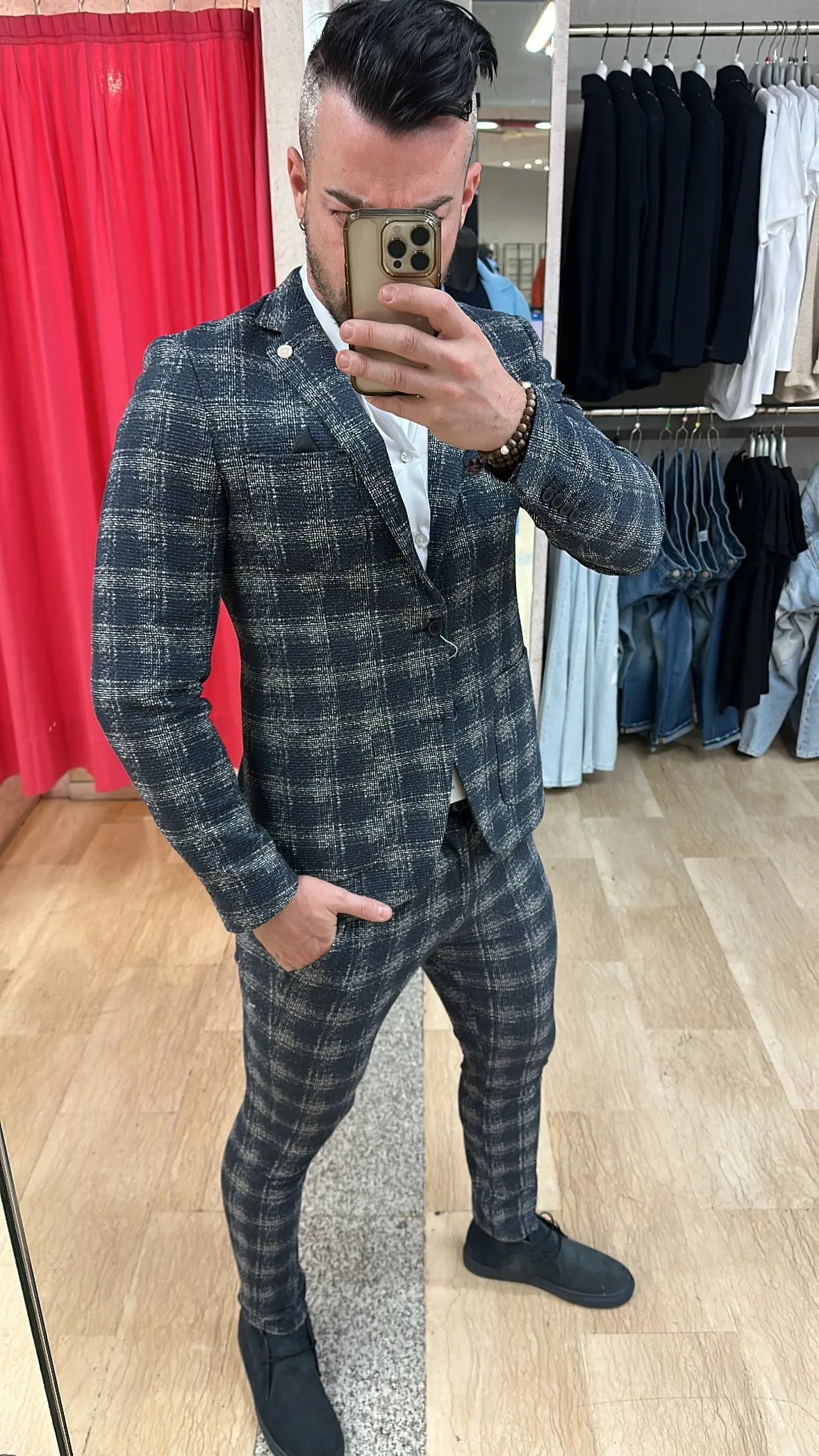 Pantaloni XAGON MAN Punto Milano Slim Fit in tessuto fantasia con riflessi nel Bianco e Grigio su base BLU disponibile anche con