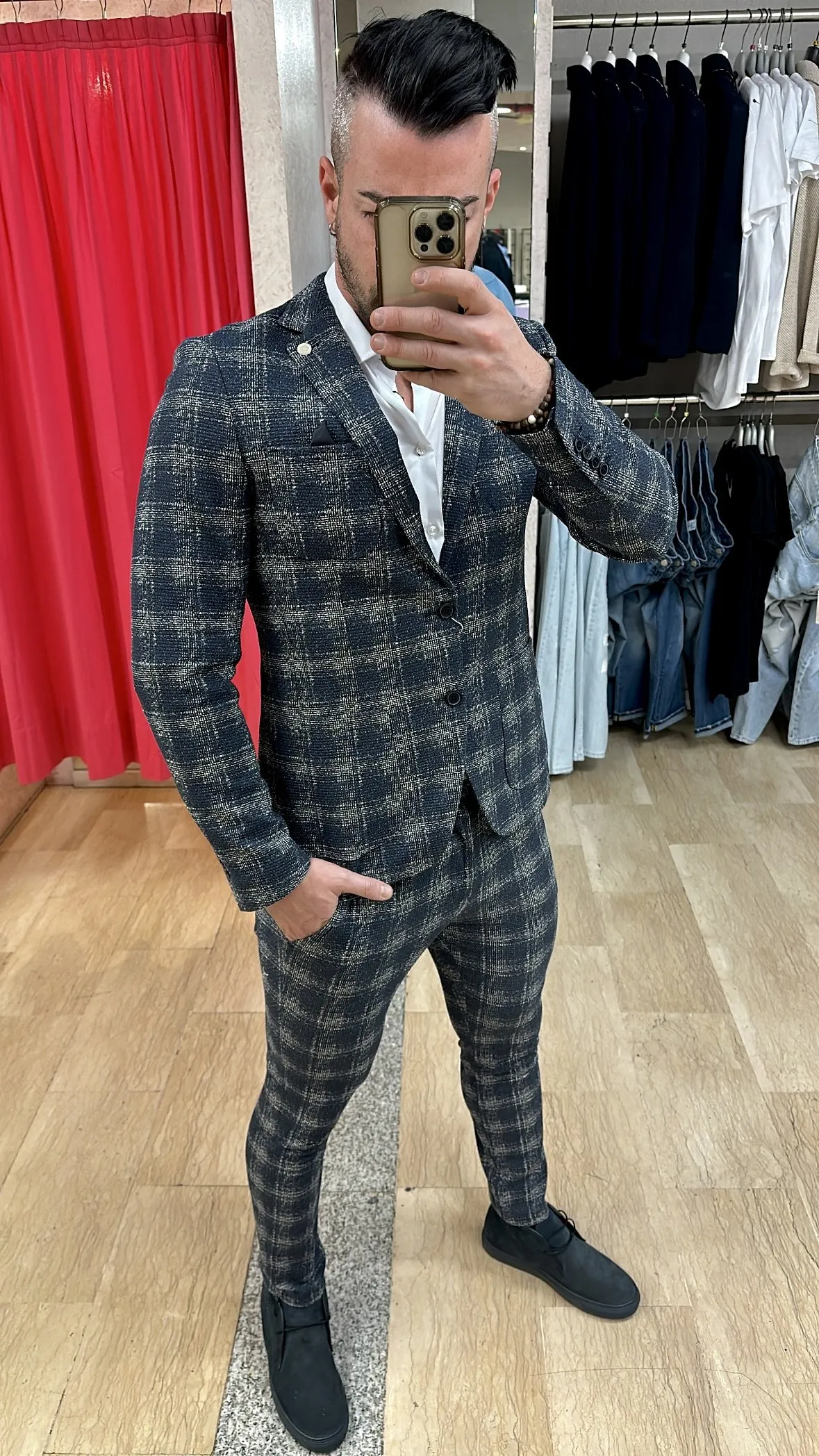 Pantaloni XAGON MAN Punto Milano Slim Fit in tessuto fantasia con riflessi nel Bianco e Grigio su base BLU disponibile anche con