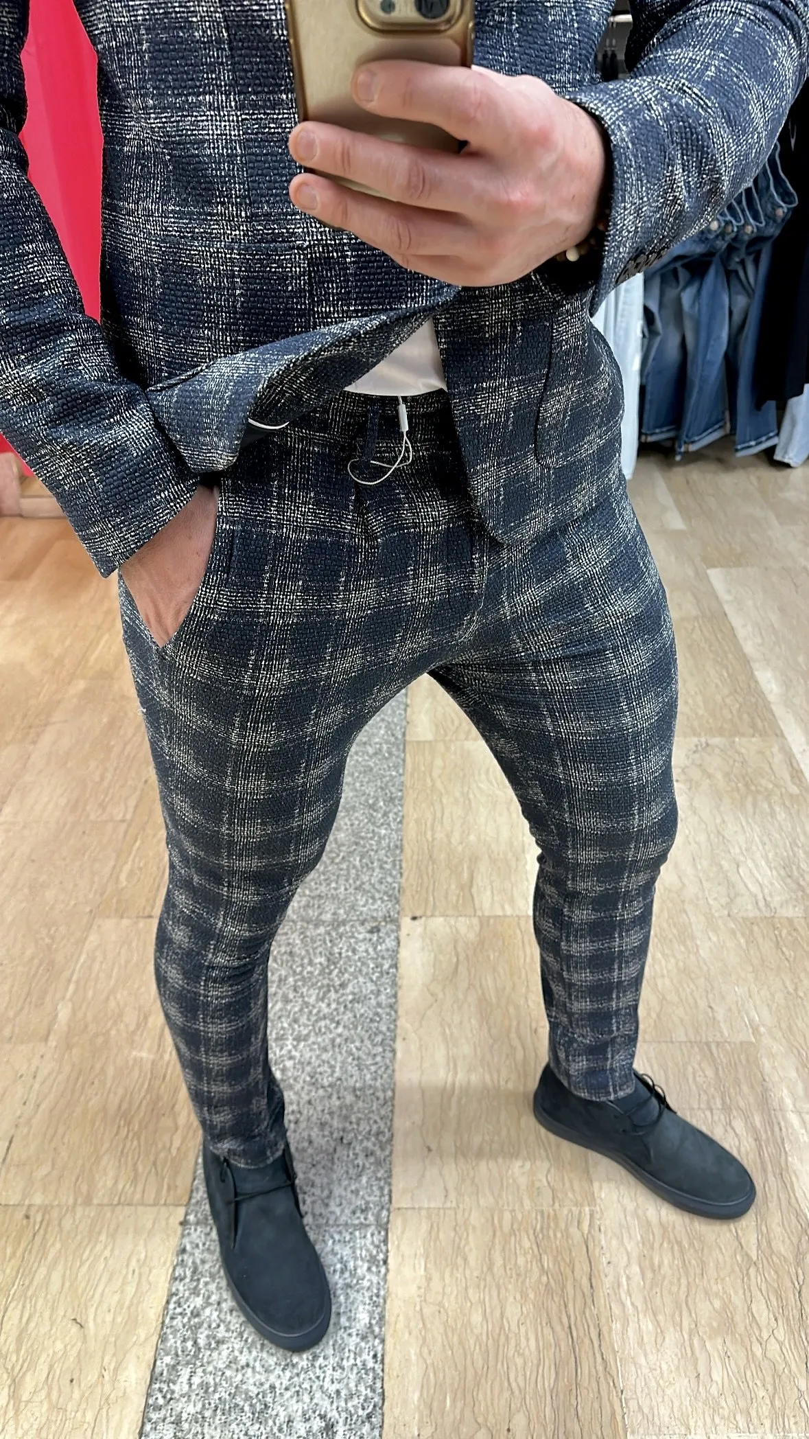 Pantaloni XAGON MAN Punto Milano Slim Fit in tessuto fantasia con riflessi nel Bianco e Grigio su base BLU disponibile anche con