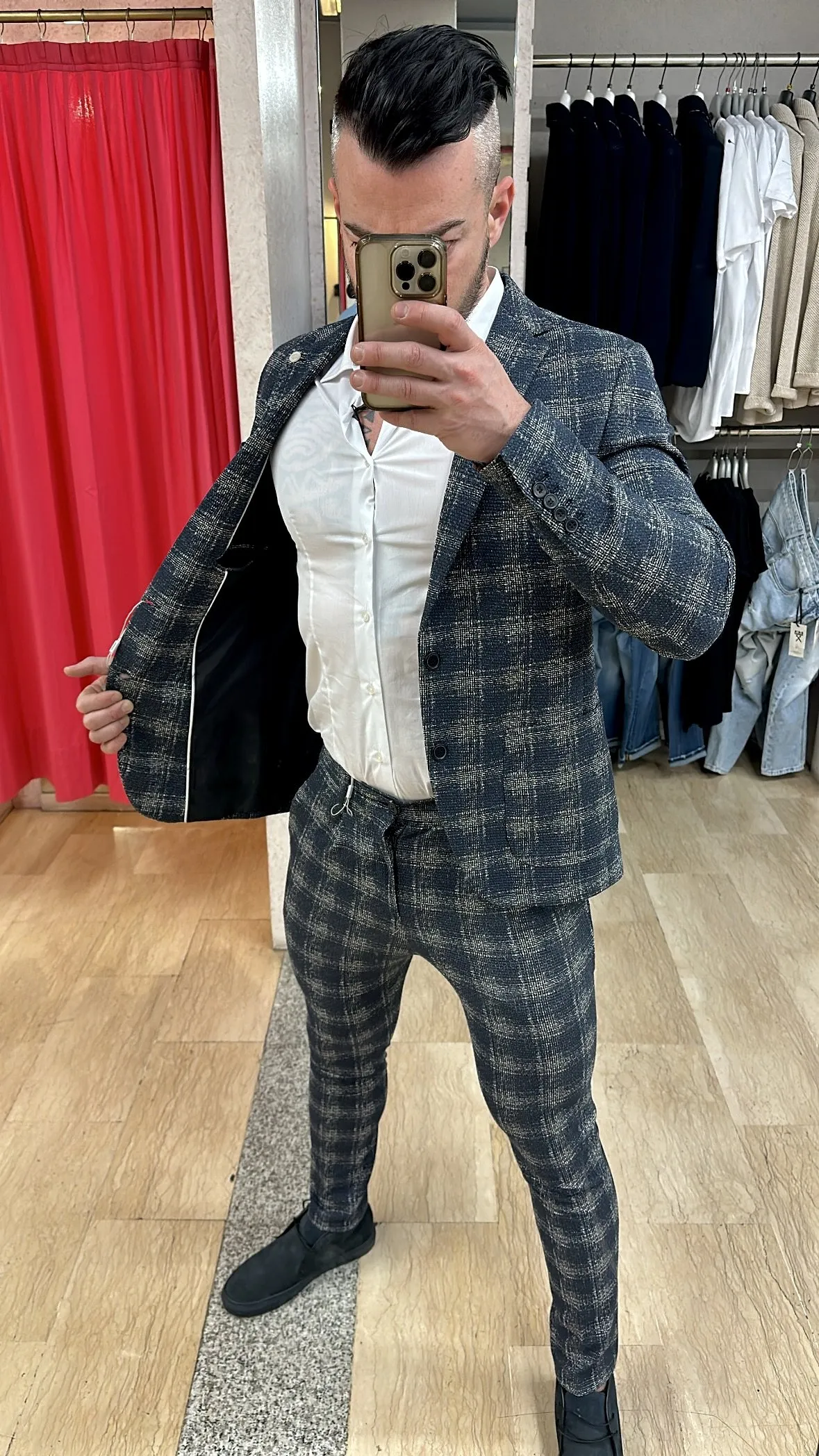 Pantaloni XAGON MAN Punto Milano Slim Fit in tessuto fantasia con riflessi nel Bianco e Grigio su base BLU disponibile anche con