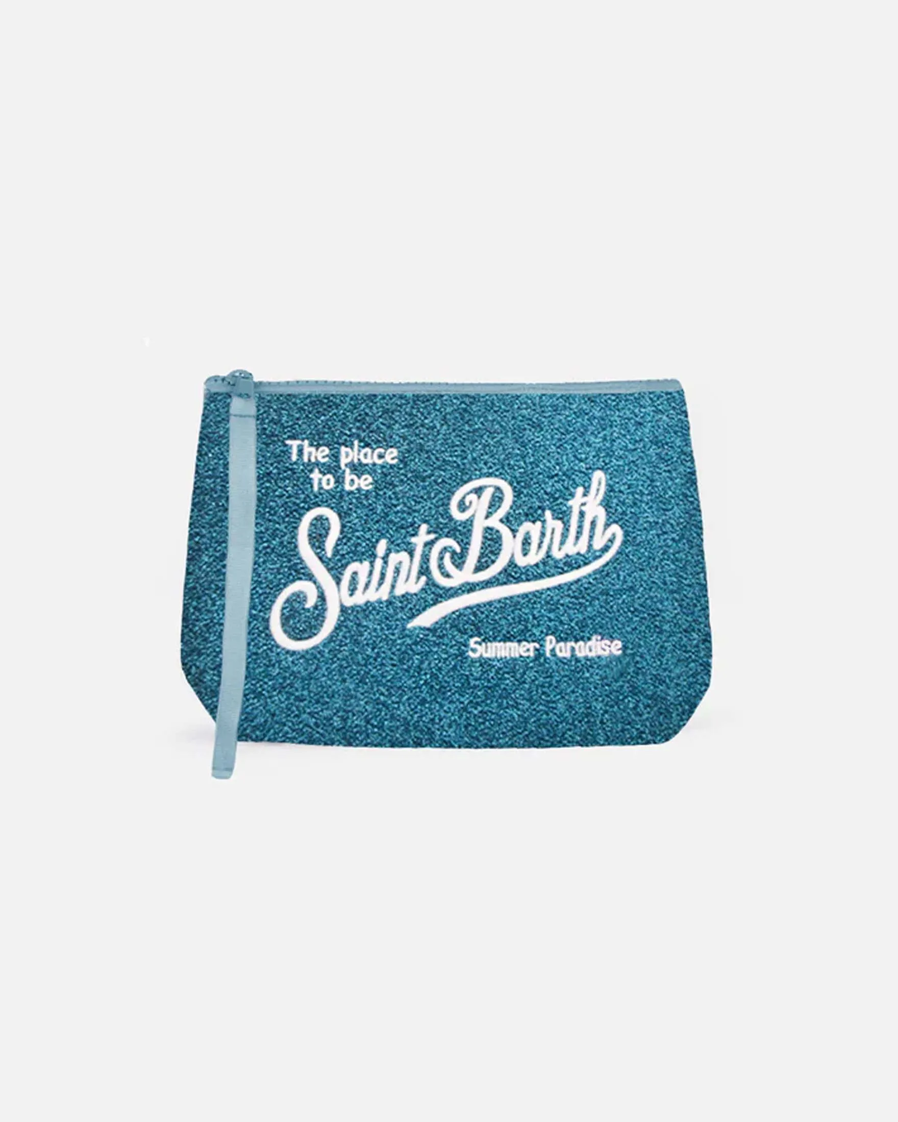 Pochette Aline azzurra in scuba con lurex e scritta logo bianca