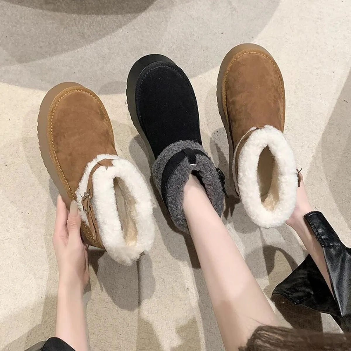 Scarpe da donna alla moda con top in velluto stivali caldi alla caviglia e da neve stivali corti piatti invernali con tacco medi