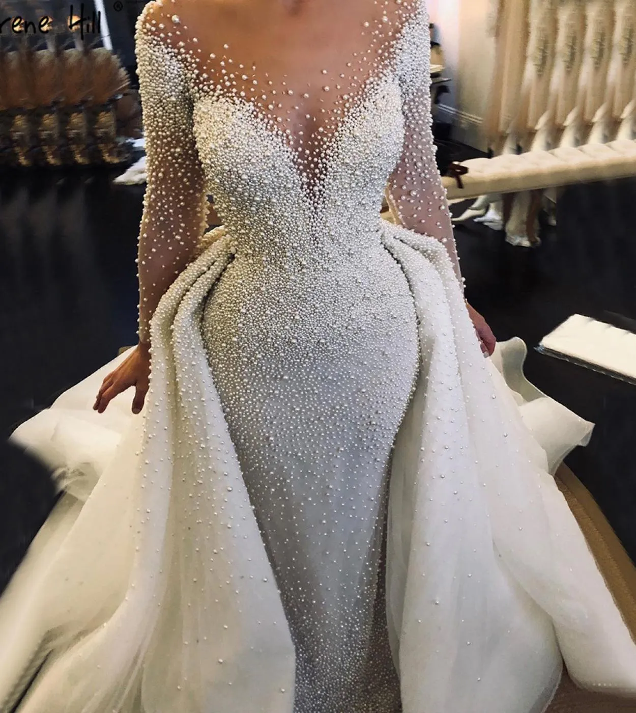 Serene Hill Luxury Avorio Treno staccabile Sirena Abiti da sposa Abiti Perle Perline Abito da sposa Hm67182 Custom Made