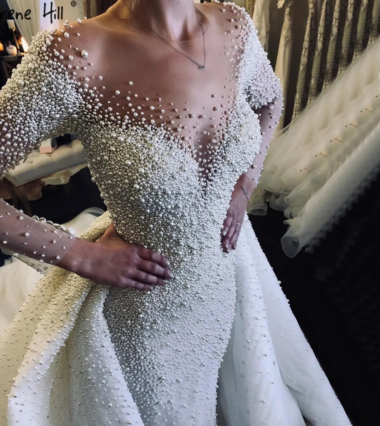 Serene Hill Luxury Avorio Treno staccabile Sirena Abiti da sposa Abiti Perle Perline Abito da sposa Hm67182 Custom Made