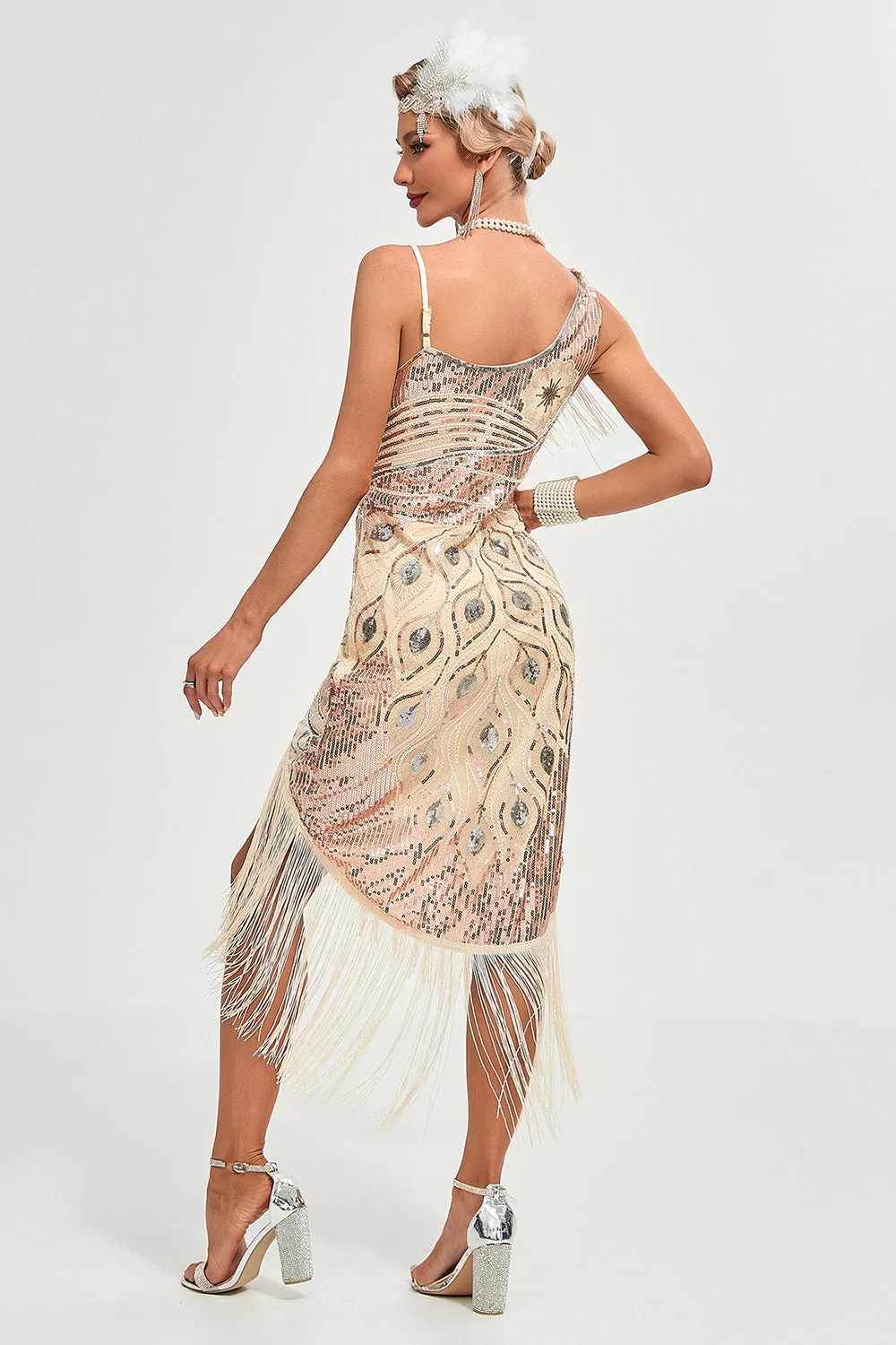 Sparkly Champagne Paillettes frange asimmetrico 1920s Gatsby Dress con accessori Set