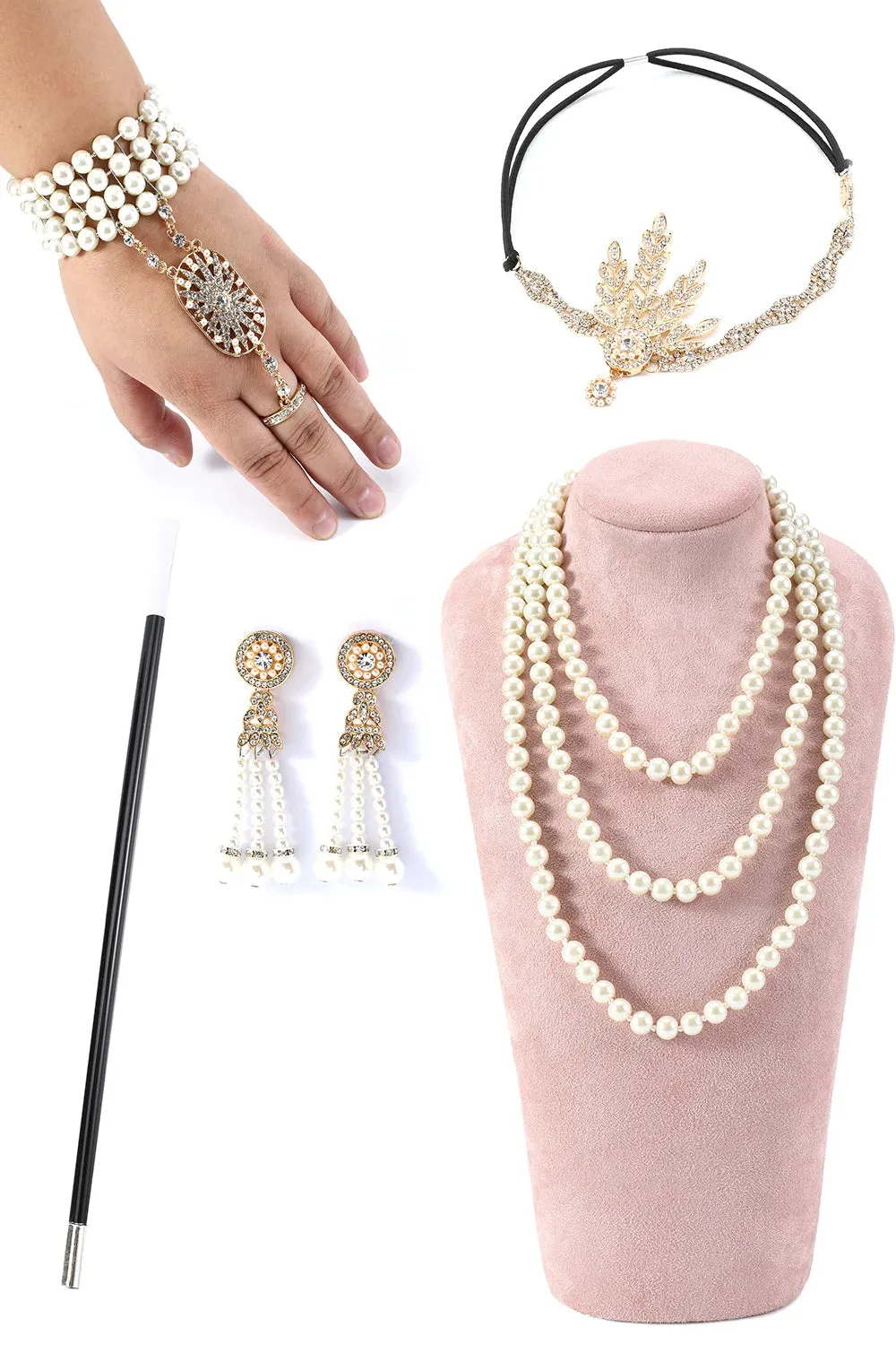 Sparkly Champagne Paillettes frange asimmetrico 1920s Gatsby Dress con accessori Set