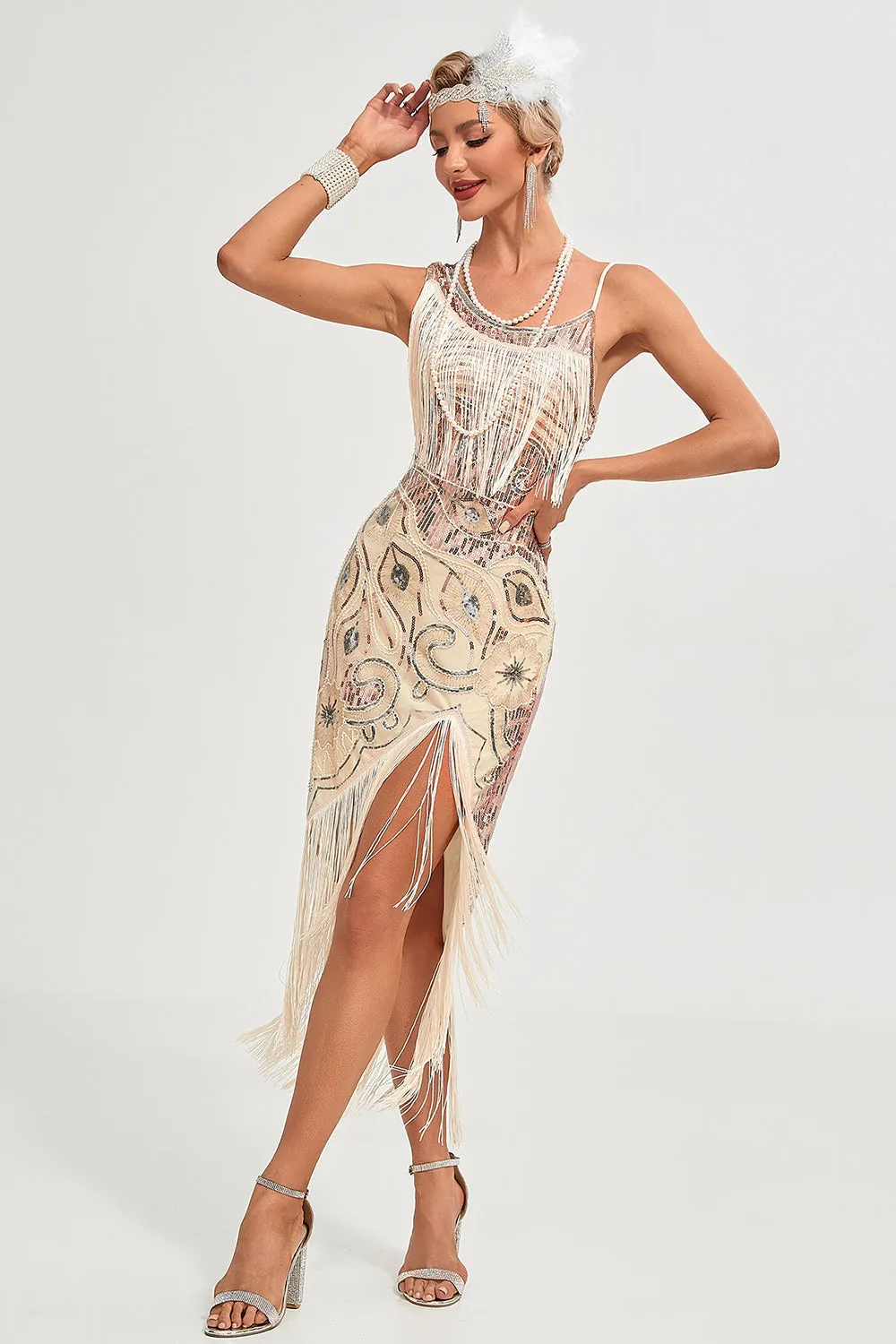 Sparkly Champagne Paillettes frange asimmetrico 1920s Gatsby Dress con accessori Set