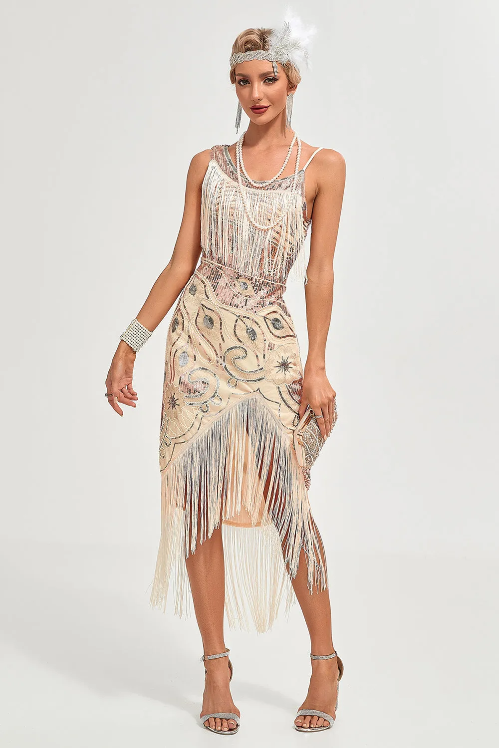 Sparkly Champagne Paillettes frange asimmetrico 1920s Gatsby Dress con accessori Set
