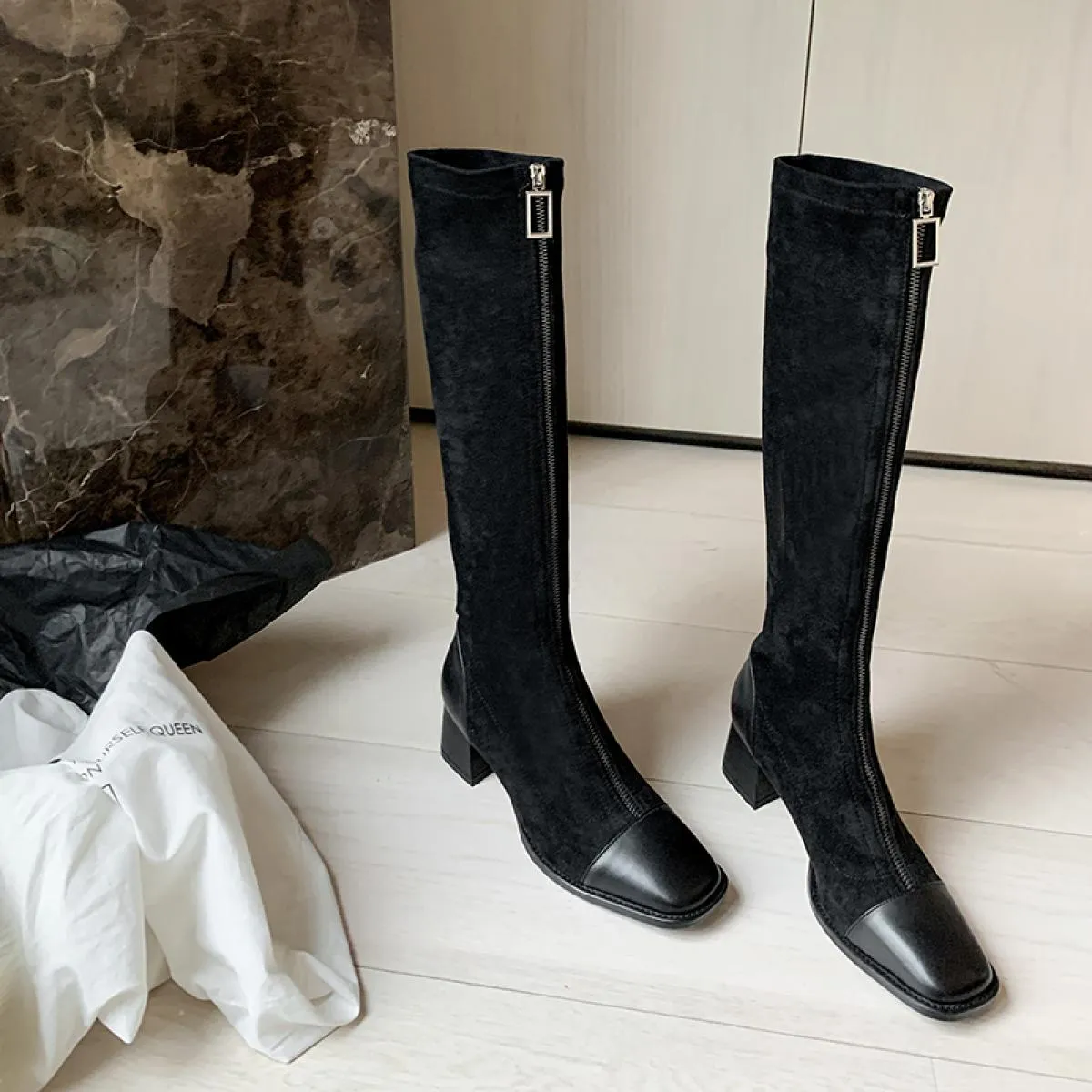Stivali al ginocchio in vera pelle Stivali al ginocchio in pelle da donna Tacco retrò