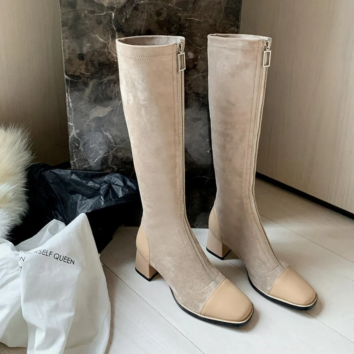 Stivali al ginocchio in vera pelle Stivali al ginocchio in pelle da donna Tacco retrò