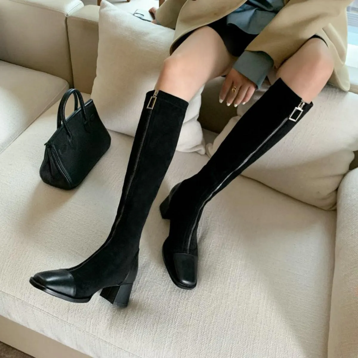 Stivali al ginocchio in vera pelle Stivali al ginocchio in pelle da donna Tacco retrò