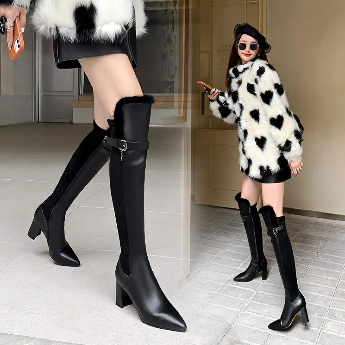 Stivali alti al ginocchio in pelle di mucca Stivali western al ginocchio da donna Stivali western in pelle al ginocchio Stivali
